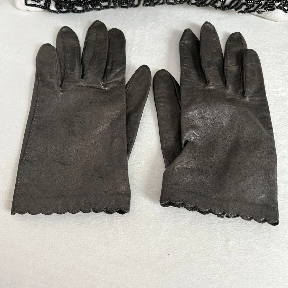 Vintage Van Raalte‎ Leather Gloves Womens 7.5 Brown Dress Scalloped 80s 90s